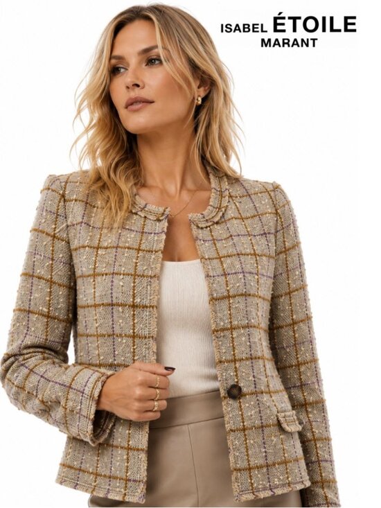 Isabel Etoile Marant Jackets & Blazers - Isabel Marant Etoile Cream Wool Tweed Plaid Blazer Fringe Trim Size 36